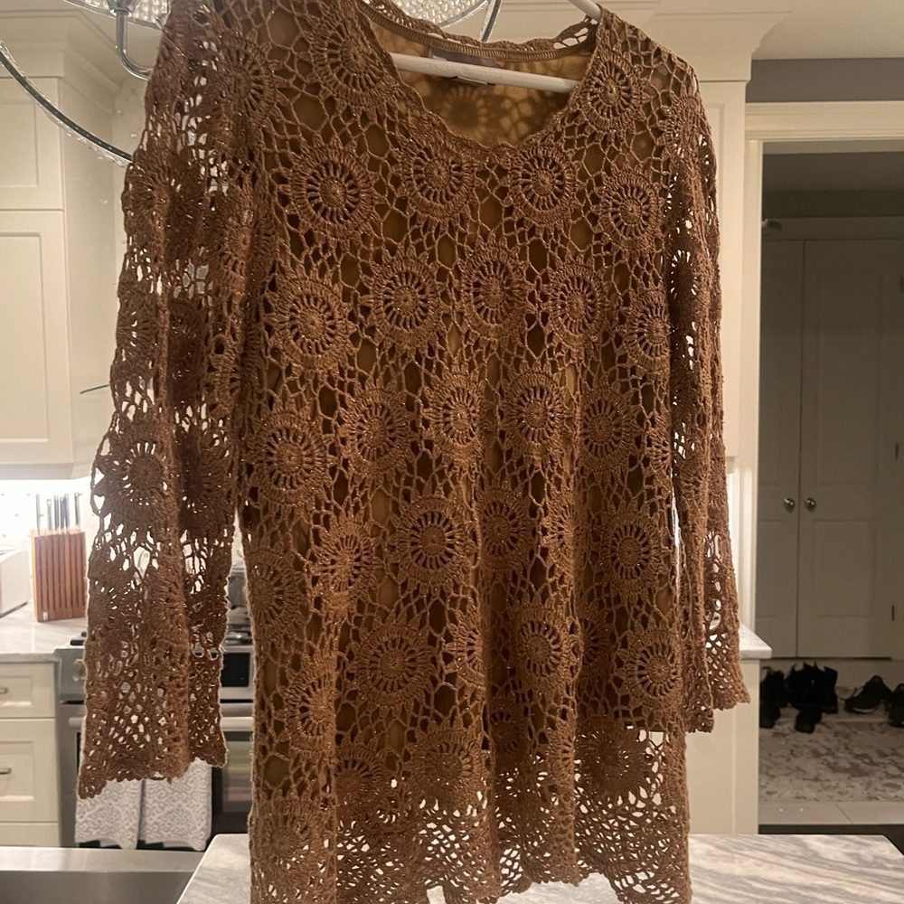 Tan Jay boho hippy crochet top in gold with a little sparkle perfect holiday top